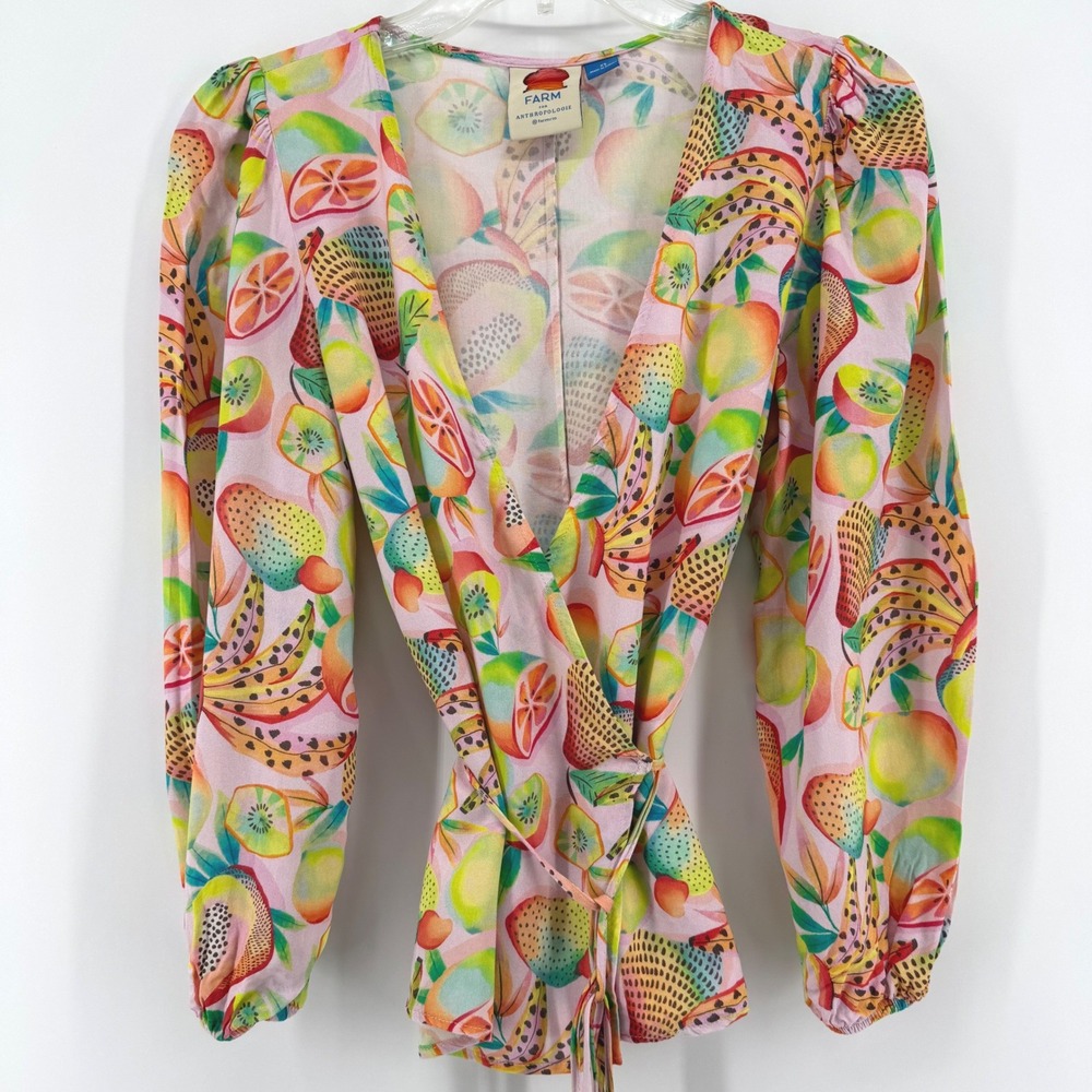 FARM Rio for Anthropologie Rainforest‎ Fruit Print Beaded Tassel Wrap Blouse XS